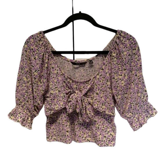 OLD - VERO MODA Purple Kimmie Floral Tie Front Top Cottagecore Peasant top XS - Picture 2 of 13